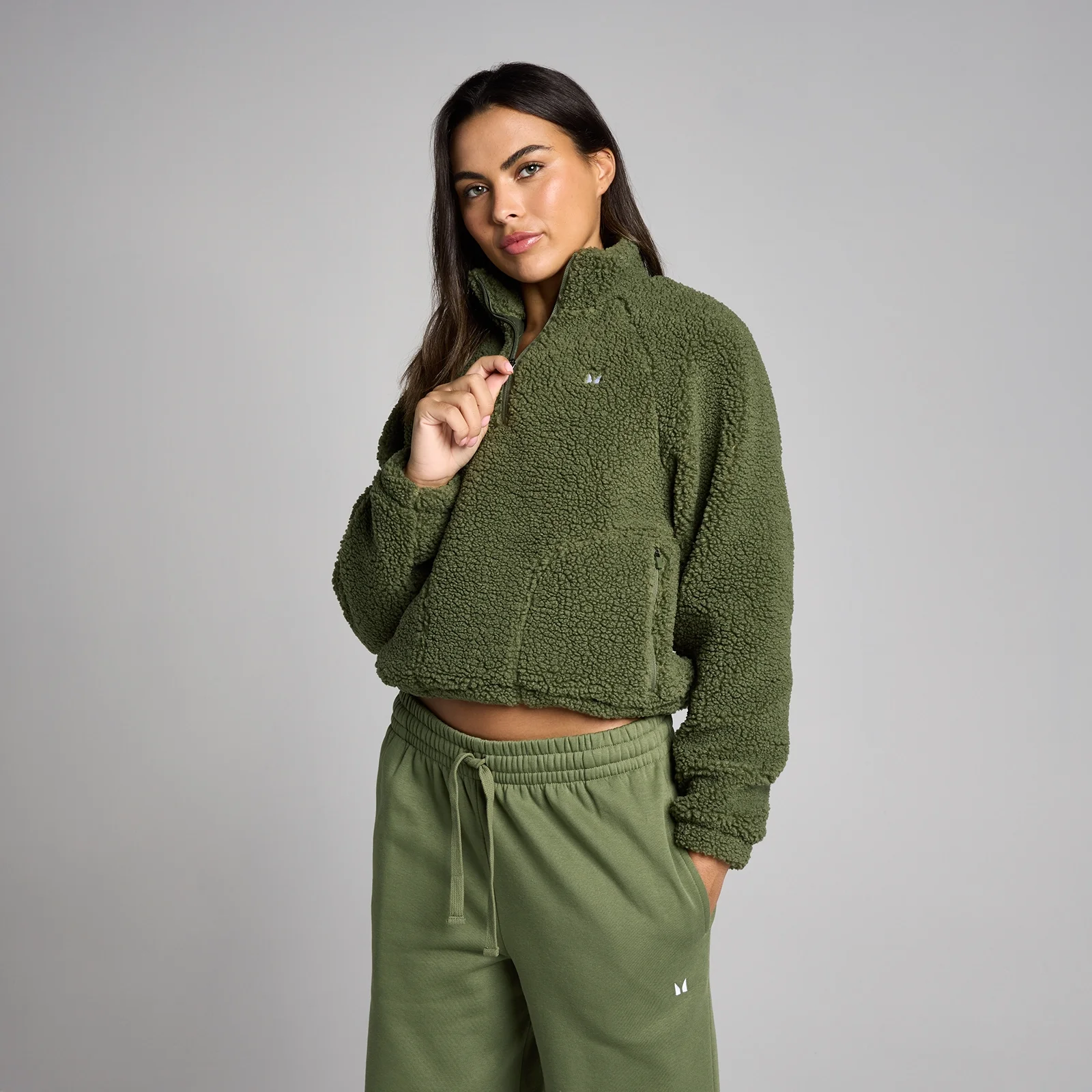 MP Women's Cropped Borg 1/4 Zip Fleece - Washed Olive - S Image 1