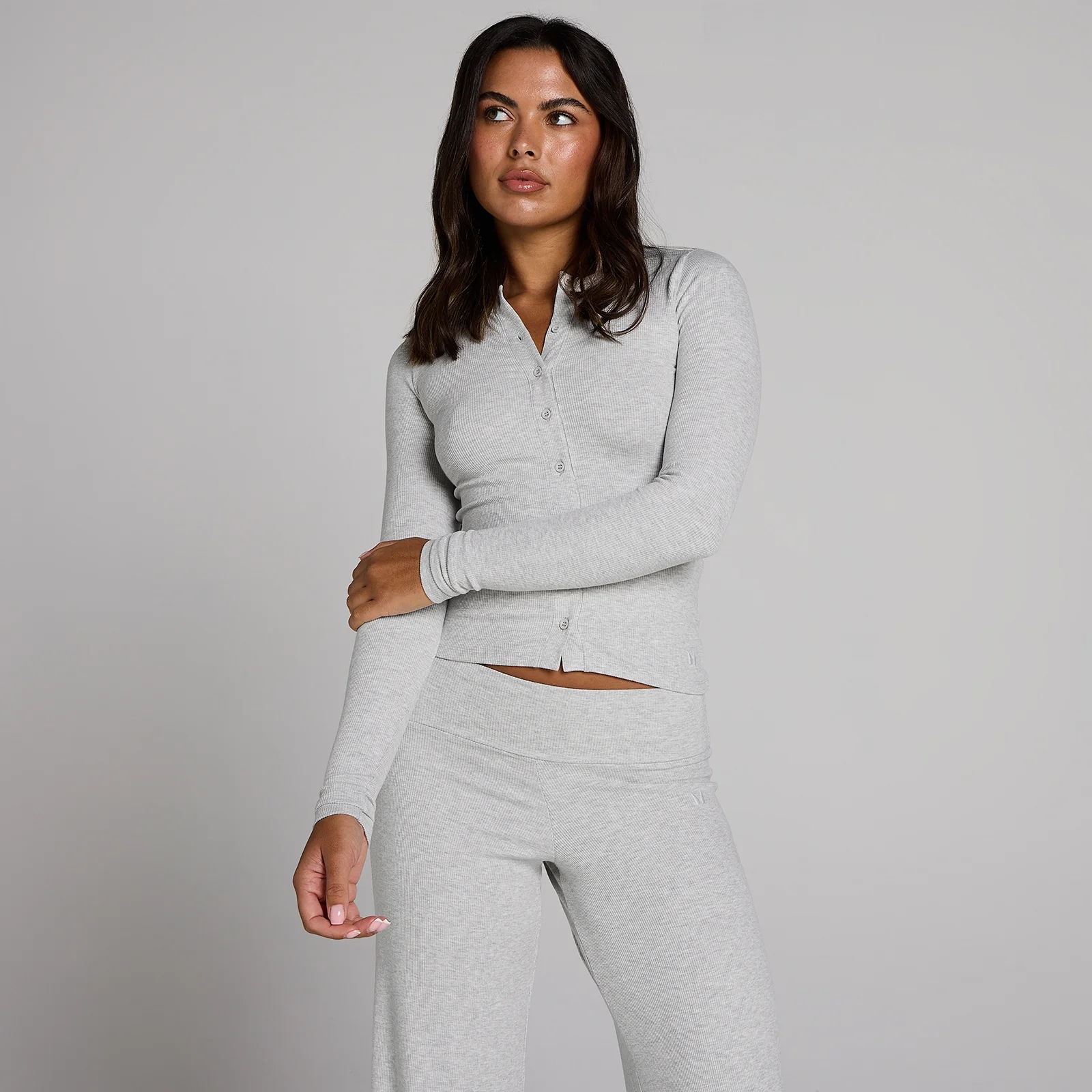 MP Women's Ribbed Button Down Top - Grey Marl - M Image 1